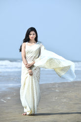'Zehn-e-Gul' Off-White Pure Resham Cotton Silk Banarasi Handloom Saree